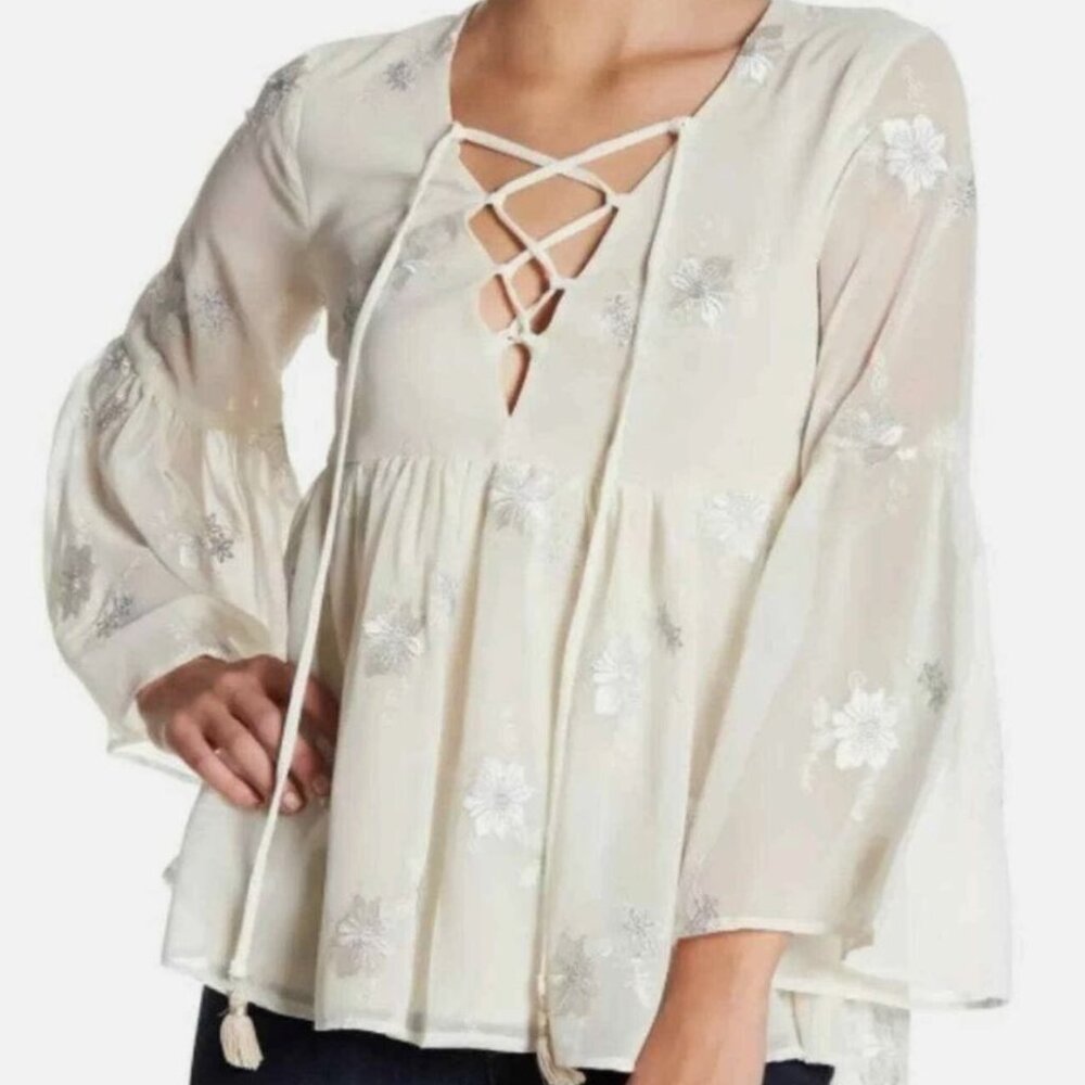 Show Me Your Mumu | Poet Metallic Embroidered Ivory Peasant Blouse | Size Medium